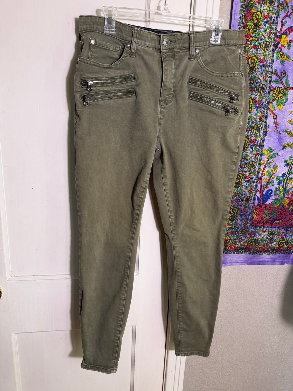 Torrid Sky High Skinny Jeans 14R Olive Green Moto Zipper Super Soft Pants